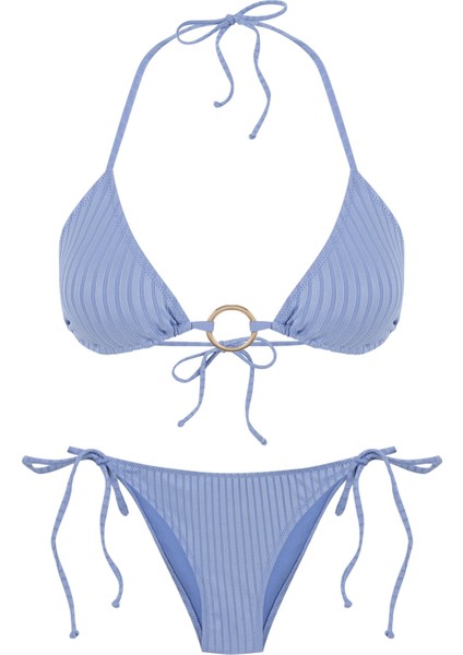 Dokulu Aksesuarlı Mavi Üçgen Bikini Takım indirimleri