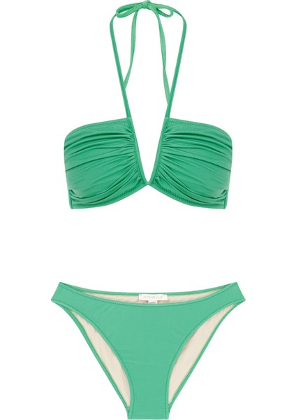 V Detaylı Parlak Yeşil Bikini Takım