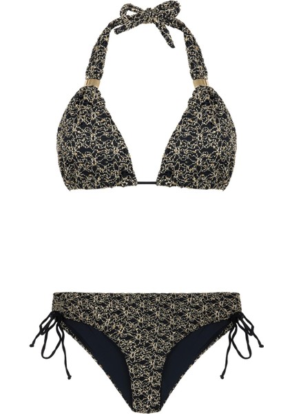 Uzun Üçgen Gold Işlemeli Siyah Bikini Takım
