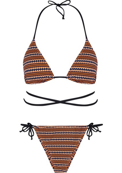 Renkli Desenli Üçgen Bağlamalı Bikini Takım