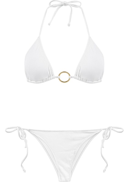 Dokulu Aksesuarlı Beyaz Üçgen Bikini Takım
