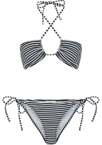Halter Yaka Dokulu Lacivert Çizgili Bikini Takım