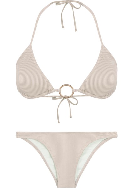Dokulu Aksesuarlı Ekru Üçgen Bikini Takım