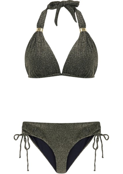 Uzun Üçgen Gold Simli Siyah Lureks Bikini Takım