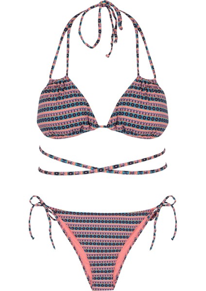 Bağlama Detaylı Desenli Üçgen Bikini Takım