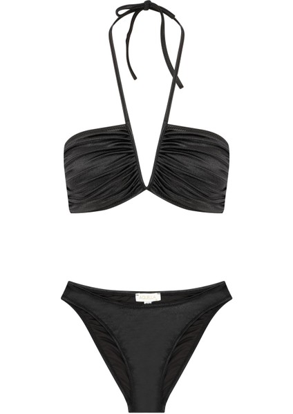 V Detaylı Parlak Siyah Bikini Takım
