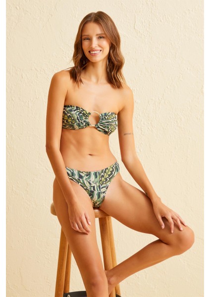 Tokalı Yeşil Desenli Straplez Bikini Takım