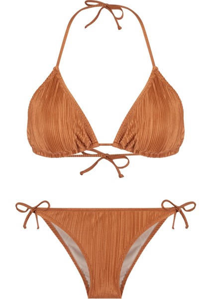 Piliseli Saten Bakır Üçgen Bikini Takım