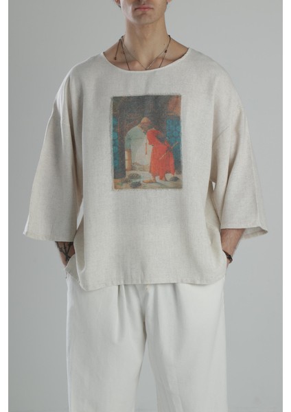 Kaplumbağa Detaylı Keten T-Shirt