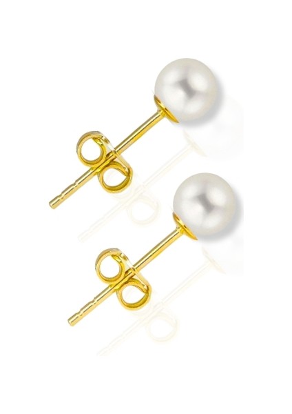 925 Ayar Gümüş Gold Kaplama Inci Taşlı Minimal Küpe 6 mm