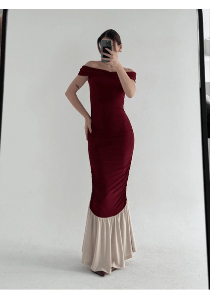 Striptiz Omuzlu Uzun Elbise- Bordo