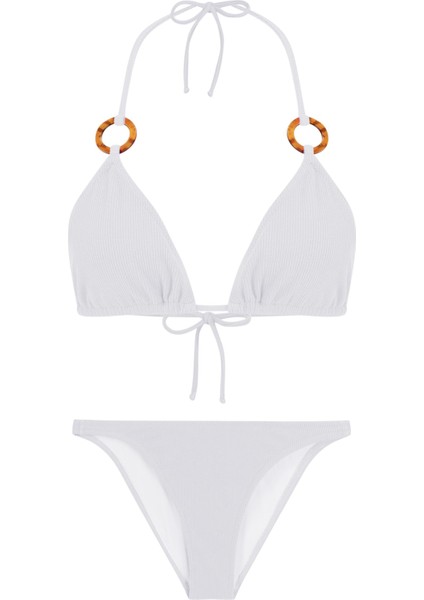 Beyaz Dokulu Aksesuarlı Bikini Takım
