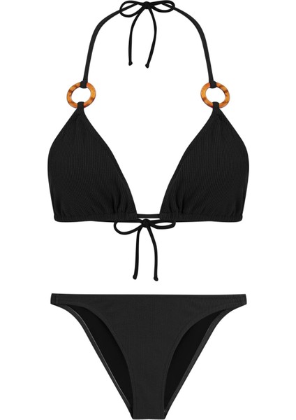 Siyah Dokulu Aksesuarlı Üçgen Bikini Takım