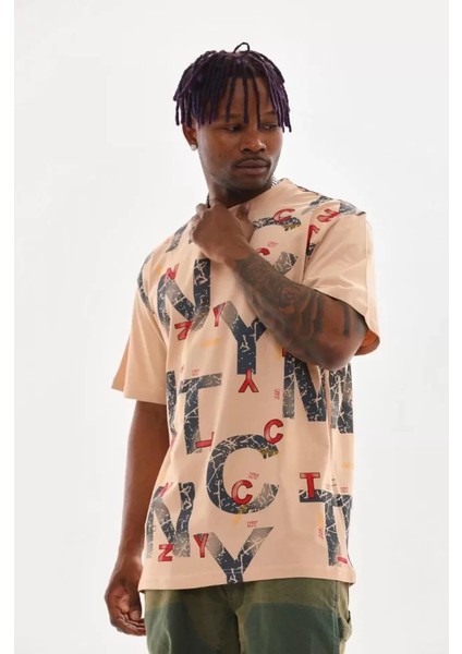 Unisex Baskılı Oversize T-Shirt - Bej
