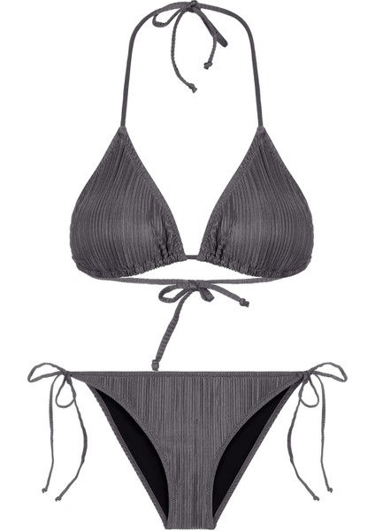 Piliseli Saten Antrasit Üçgen Bikini Takım