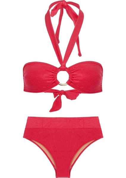 Tokalı Kırmızı Dokulu Straplez Bikini Takım