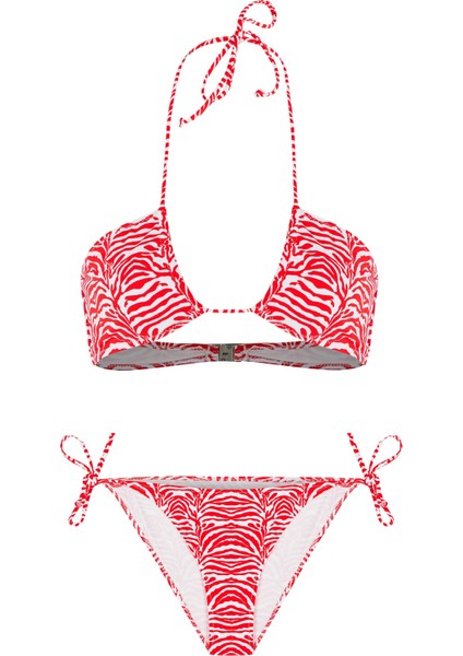 Halter Yaka Kırmızı Zebra Desen Bikini Takım