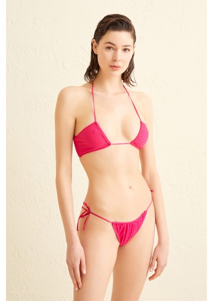 Halter Yaka Fuşya File Bikini Takım