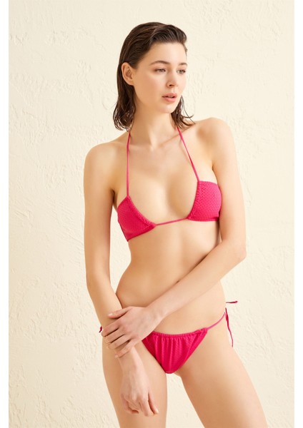 Halter Yaka Fuşya File Bikini Takım
