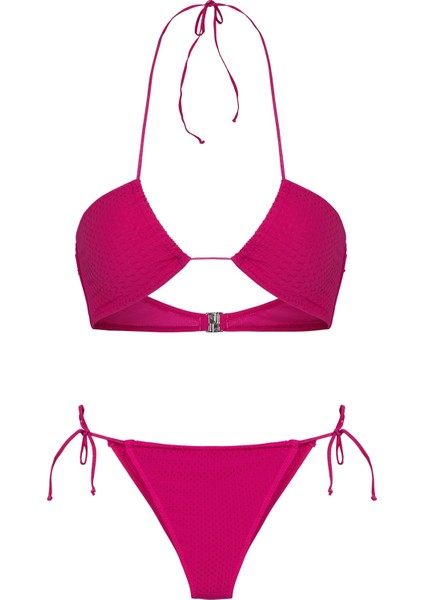 Halter Yaka Fuşya File Bikini Takım