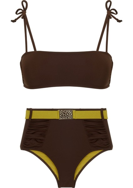 Straplez Yüksek Bel Kahve Bikini Takım
