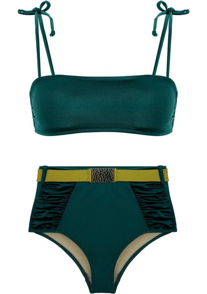 Straplez Yüksek Bel Yeşil Bikini Takım
