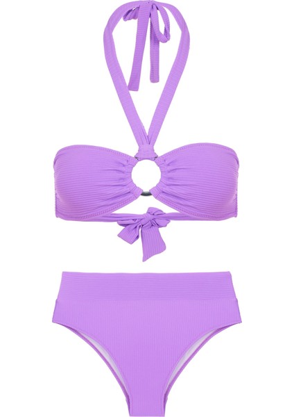 Tokalı Lila Dokulu Straplez Bikini Takım