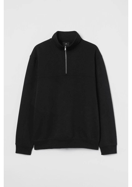 Oversize Yarım Farmuarlı Yakalı Basic Sweatshirt - Siyah