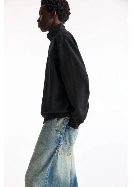 Oversize Yarım Farmuarlı Yakalı Basic Sweatshirt - Siyah