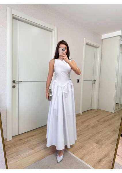 Sifir Kol Beli Oturtmalı Kolsuz Uzun Elbise - Beyaz