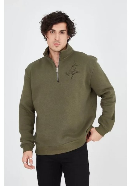 Erkek Yarım Fermuarlı Baskılı Sweat - Yeşil