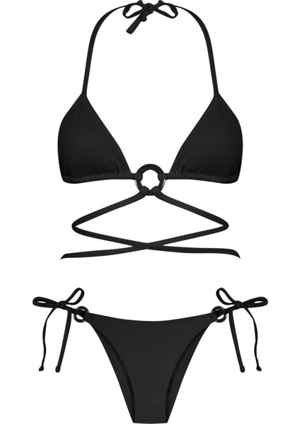 Halka Aksesuarlı Siyah Dokulu Üçgen Bikini Takım indirimleri