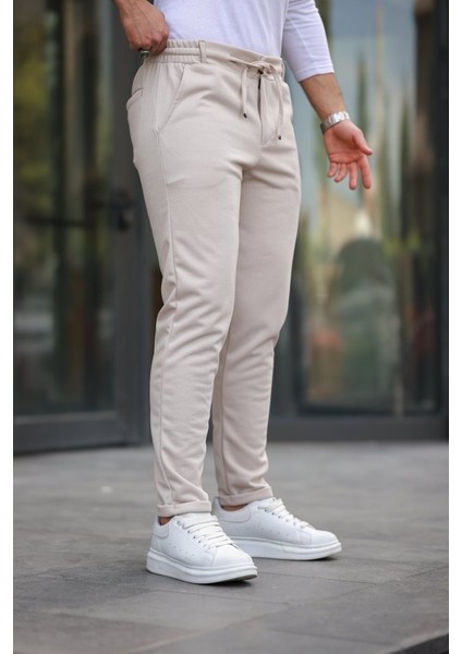 Erkek Beli Bağcıklı Duble Paça Örme Pamuklu Kumaş Jogger Pantolon