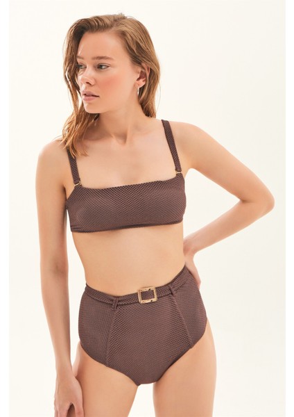 Kare Yaka Gold Toka Detaylı Simli Kahverengi Bikini Takım fiyatları