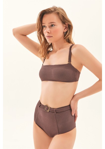 Kare Yaka Gold Toka Detaylı Simli Kahverengi Bikini Takım modelleri