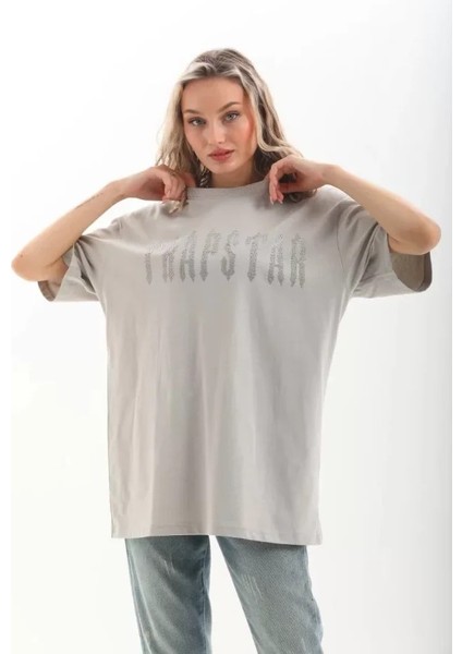 Unisex Taş Desenli Oversize T-Shirt - Gri