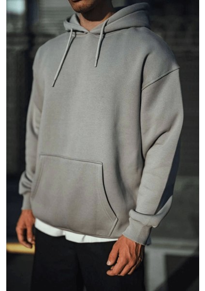 Üç Iplik Penye Kapşonlu Basic Sweatshirt - Boyalı Gri