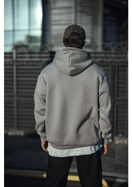 Üç Iplik Penye Kapşonlu Basic Sweatshirt - Boyalı Gri