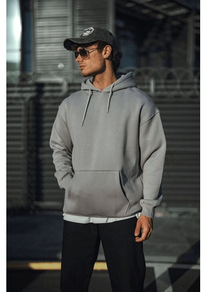 Üç Iplik Penye Kapşonlu Basic Sweatshirt - Boyalı Gri