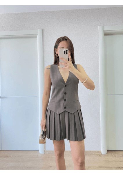 Takım Görünümlu Yelekli Mini Elbise- Füme