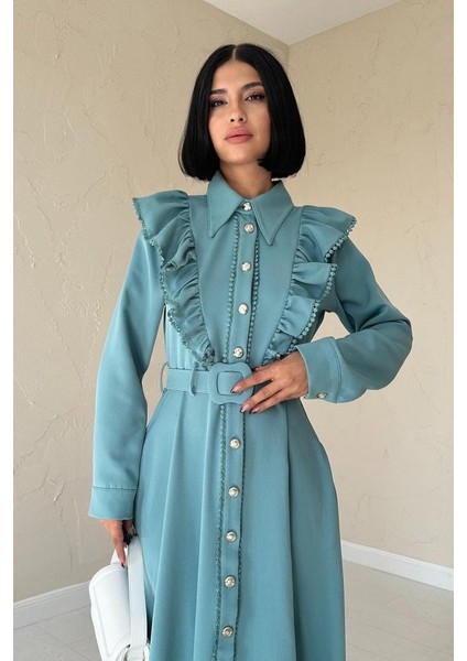 Mint Fırfırlı Dantelli Elbise
