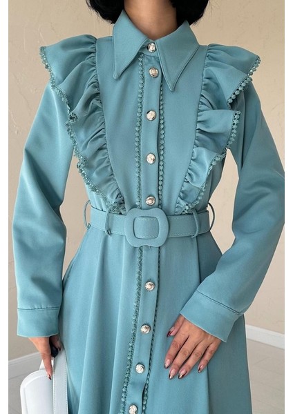 Mint Fırfırlı Dantelli Elbise