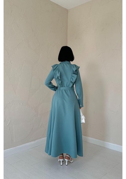 Mint Fırfırlı Dantelli Elbise