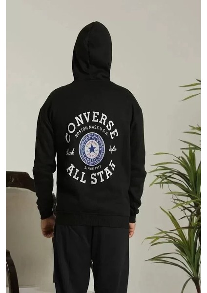 Unisex Kapüşonlu Üç Iplik Oversize Baskılı Sweatshirt - Siyah