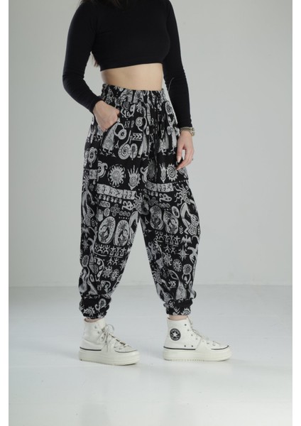Etnik Desenli Pileli Jogger Pantolon
