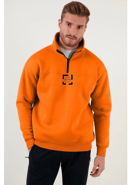 Oversize Yarım Farmuarlı Yakalı Özel Tasarım Basic Sweatshirt - Turuncu