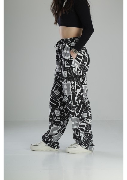 Yazı Desenli Baggy Pantolon