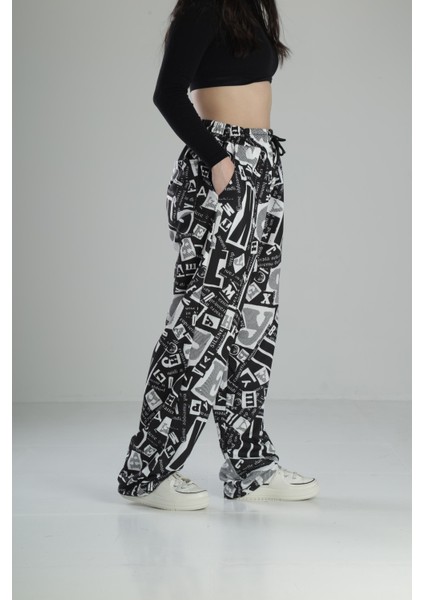 Yazı Desenli Baggy Pantolon