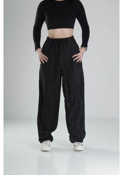 Aerobin Keten Kumaş Siyah Baggy Pantolon