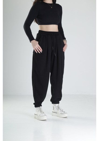 Paça Lastikli Pileli Siyah Jogger Pantolon modelleri